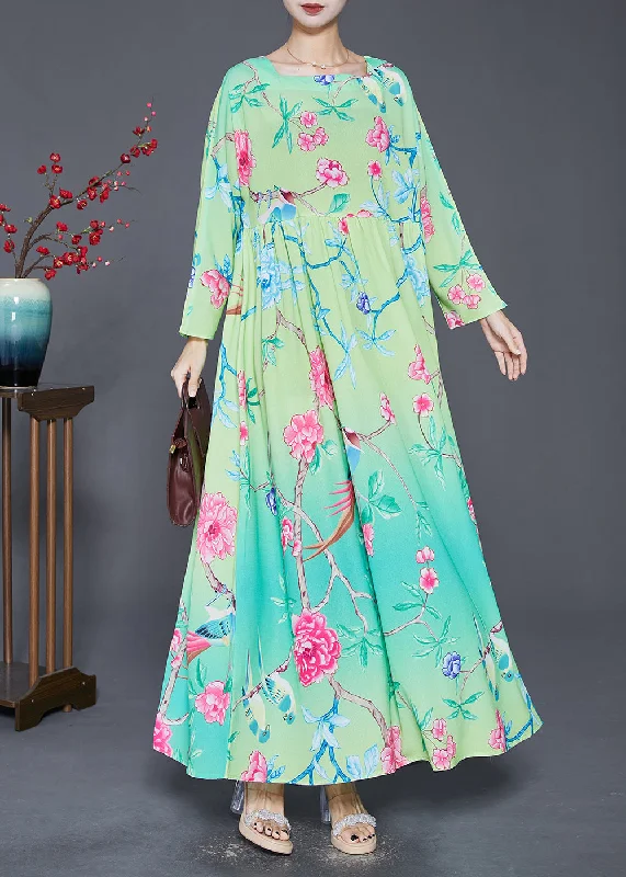 Daily Deals Bohemian Green Square Collar Print Silk Holiday Dresses Fall