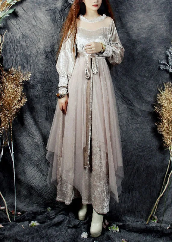 casual summer dresscasual summer dressBeautiful Beige Hollow Out Tulle Patchwork Silk Velour Long Dresses Spring