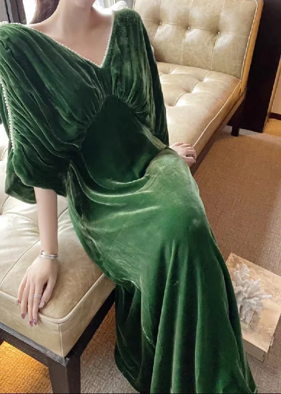 chic dresschic dressCasual Green V Neck Nail Bead Tunic Velour Maxi Dress Half Sleeve