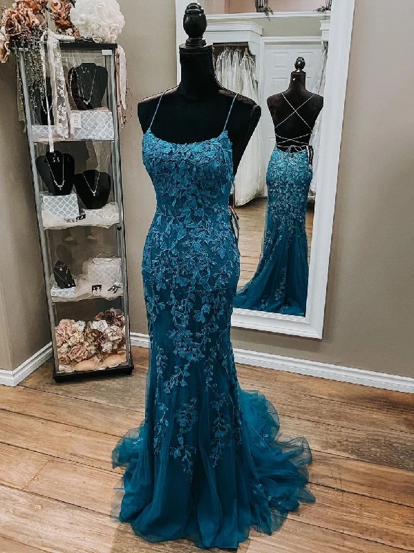 Today’s Special Mermaid Backless Dark Teal Lace Long Prom Dresses, Mermaid Teal Lace Formal Dresses, Teal Lace Evening Dresses