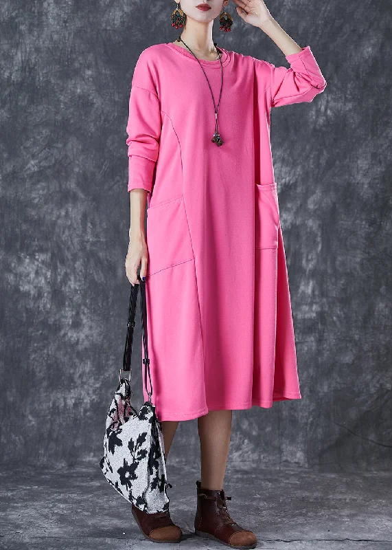 Flash Deals Cute Pink Oversized Pockets Cotton Long Dress Fall