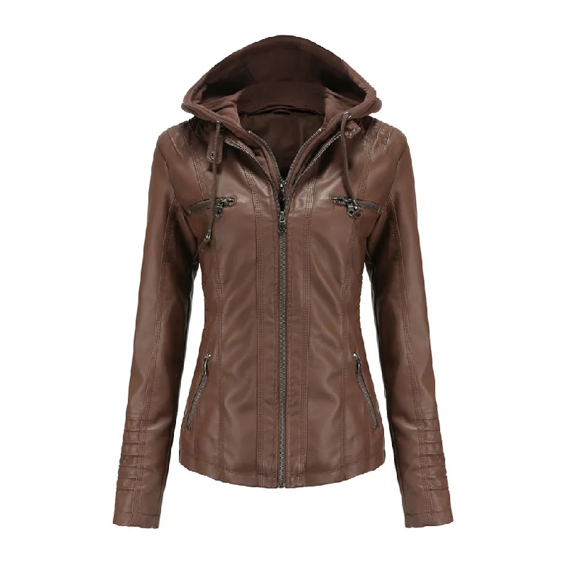 Price Rollback Athletic 2 In 1 Removable Hood Stand Collar Zip Up Vegan Leather Jacket Price Rollback Athletic 2 In 1 Removable Hood Stand Collar Zip Up Vegan Leather Jacket