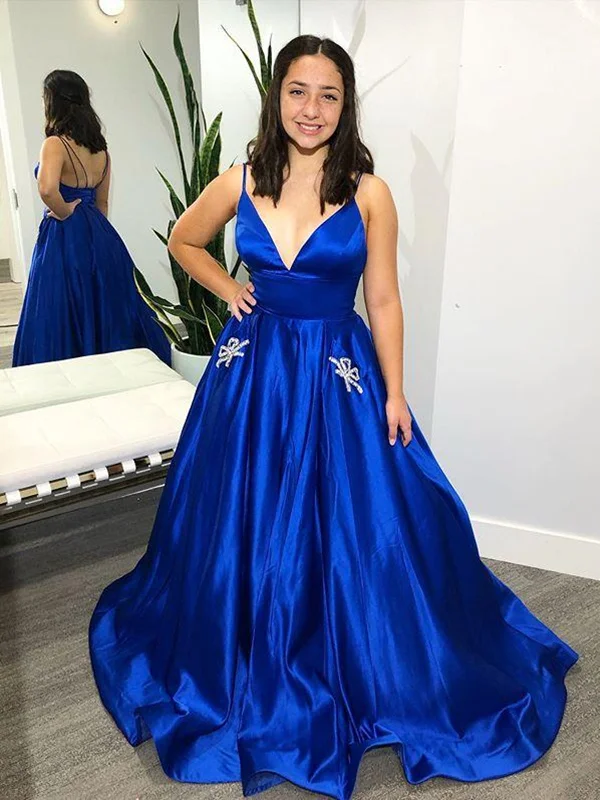 Low Prices V Neck Royal Blue Satin Long Prom Dresses with Pocket, Royal Blue Formal Evening Dresses Low Prices V Neck Royal Blue Satin Long Prom Dresses with Pocket, Royal Blue Formal Evening Dresses