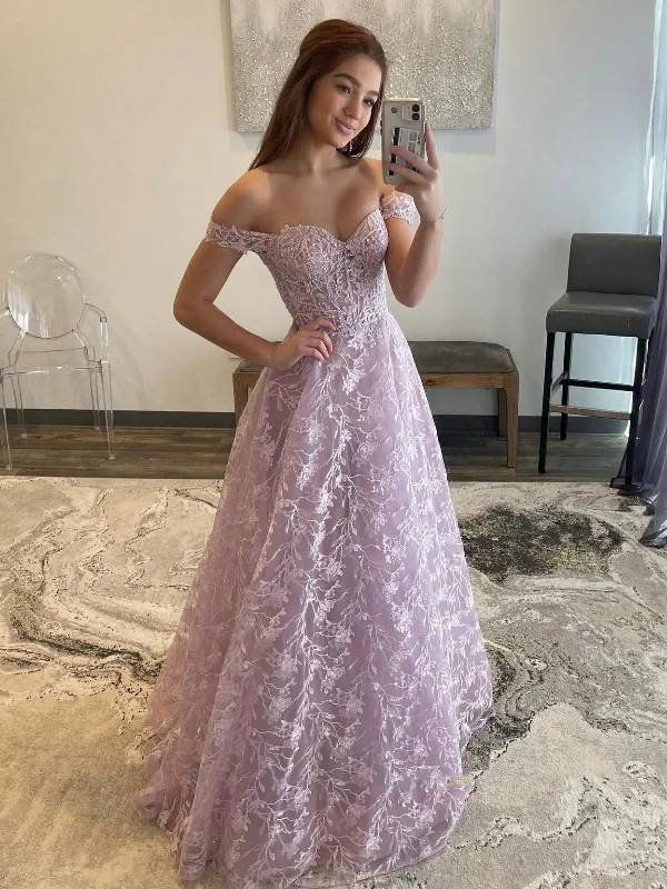 midi dressmidi dressOff Shoulder Lilac Lace Long Prom Dresses, Off the Shoulder Formal Dresses, Lilac Evening Dresses SP2638