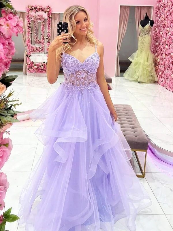 boho-chic dressboho-chic dressGorgeous V Neck Beaded Purple Lace Floral Long Prom Dresses, Purple Lace Formal Dresses, Lilac Tulle Evening Dresses SP2405