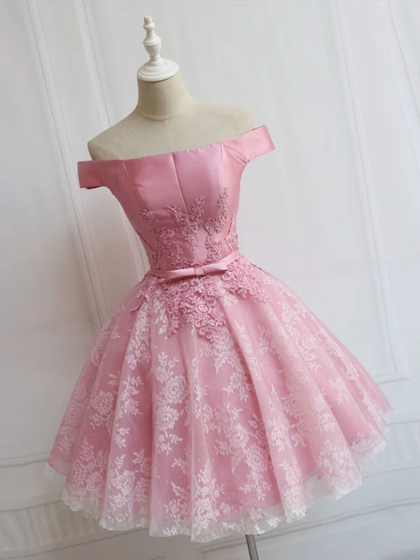 flowy evening dressflowy evening dressOff the Shoulder Short Pink Lace Prom Dresses, Off Shoulder Pink Homecoming Dresses, Short Pink Formal Evening Dresses