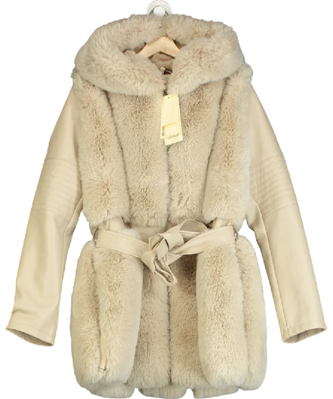 Daily Deals mochy Beige Belted Faux Leather & Fur Coat UK 14