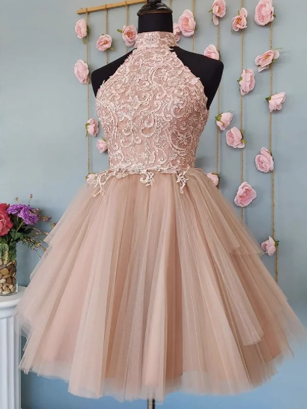 silk dresssilk dressHalter Neck Open Back Champagne Lace Short Prom Dresses, Champagne Lace Formal Graduation Homecoming Dresses