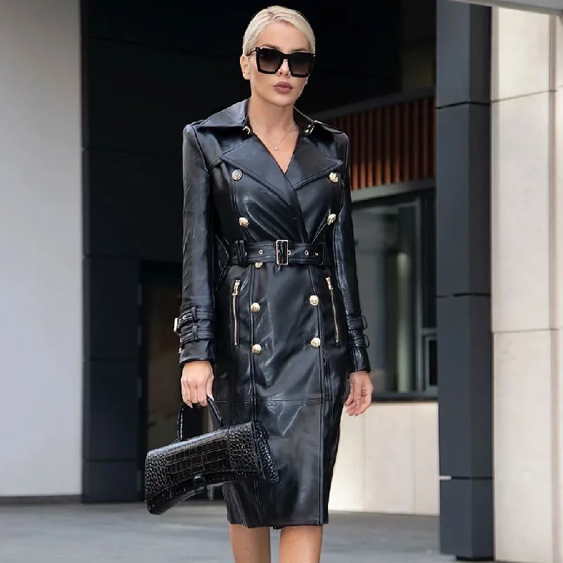 Quick Sale Military Metal Button Detail Peak Lapel Long Sleeve Belted Midi Vegan Leather Coat Quick Sale Military Metal Button Detail Peak Lapel Long Sleeve Belted Midi Vegan Leather Coat