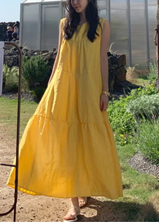 New Deals Plus Size Yellow O-Neck Patchwork Cotton Maxi Dresses Sleeveless