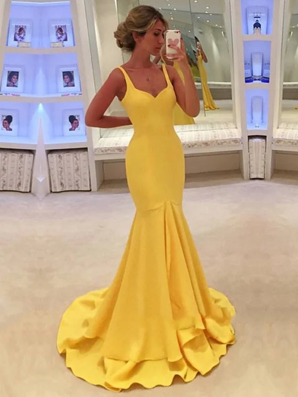 Bargain Bin Silk Like Satin Trumpet/Mermaid Sweep Train With Ruffles Yellow Prom Dresses, Yellow Formal Dress Bargain Bin Silk Like Satin Trumpet/Mermaid Sweep Train With Ruffles Yellow Prom Dresses, Yellow Formal Dress