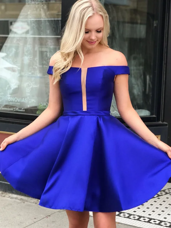 Markdowns Off Shoulder Short Royal Blue Prom Dresses, Short Royal Blue Formal Homecoming Graduation Dresses