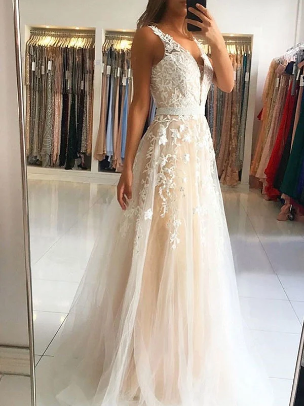 Blowout Sale A Line V Neck Light Champagne Lace Long Prom Dresses, Open Back Light Champagne Lace Formal Evening Dresses SP2172