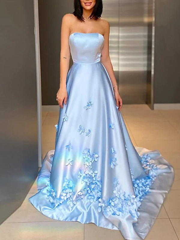 Midnight Madness Strapless Light Blue Satin Floral Long Prom Dresses, Light Blue Formal Dresses with 3D Flowers, Light Blue Evening Dresses SP2190