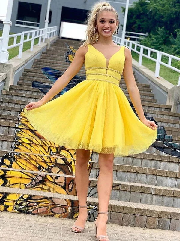 Get It Before It’s Gone Cute A Line V Neck Yellow Short Prom Dresses Homecoming Dresses with Thin Belt, Yellow V Neck Formal Graduation Evening Dresses