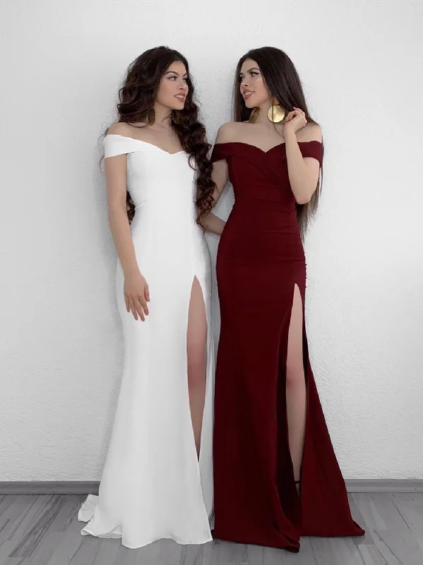 Reduced Prices Off Shoulder Mermaid White/Burgundy Prom Dresses with Side High Slit, Off Shoulder White/Burgundy Bridesmaid Dresses, Graduation Dresses Reduced Prices Off Shoulder Mermaid White/Burgundy Prom Dresses with Side High Slit, Off Shoulder White/Burgundy Bridesmaid Dresses, Graduation Dresses