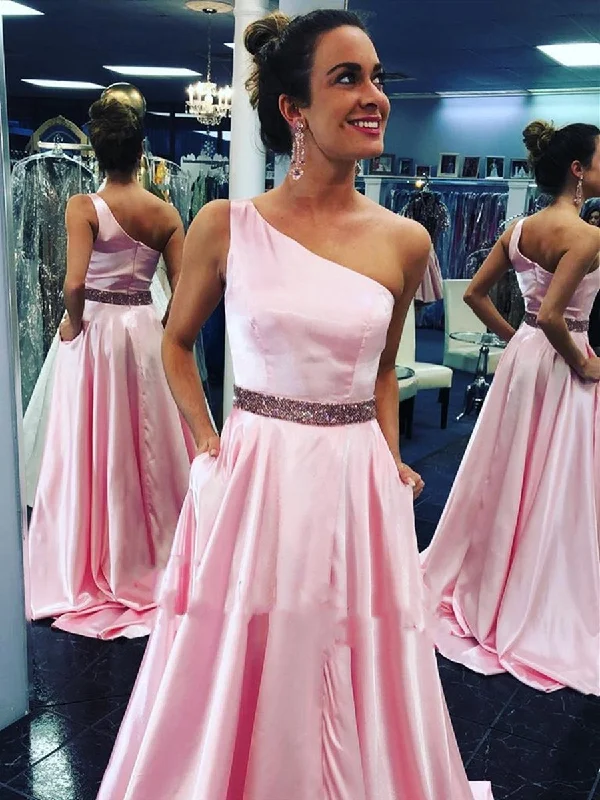 Sale Event One Shoulder Pink Satin Long Prom Dresses with Belt, Pink Satin Long Formal Evening Dresses Sale Event One Shoulder Pink Satin Long Prom Dresses with Belt, Pink Satin Long Formal Evening Dresses
