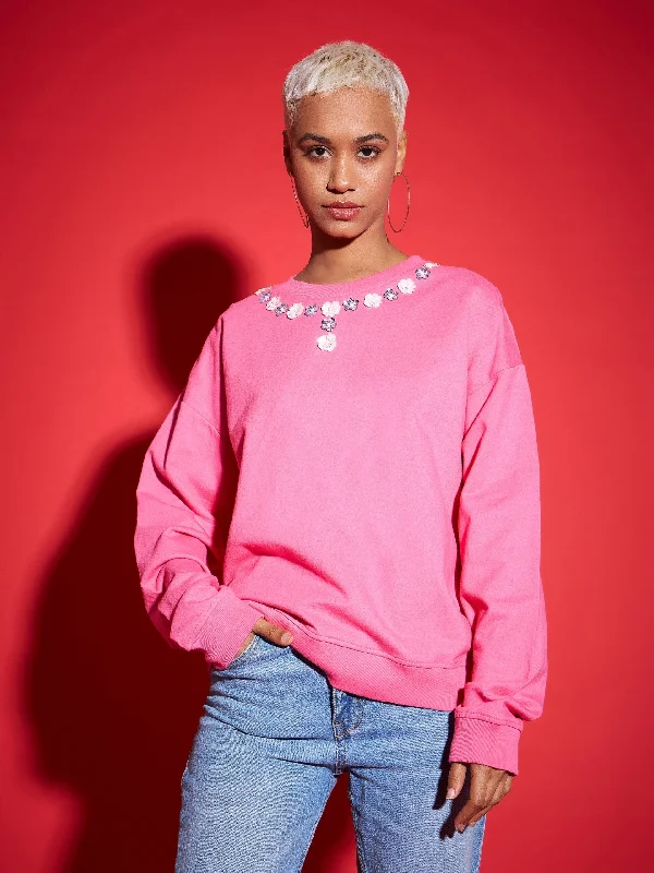 minimaWomen Pink Terry Neck Sequin Embellished Oversized Sweatshirt