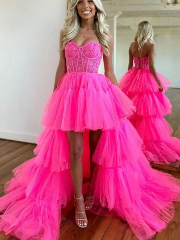 flowy maxi dressflowy maxi dressStrapless Layered High Low Hot Pink Tulle Lace Long Prom Dresses, Hot Pink Lace Formal Evening Dresses, High Low Ball Gown SP2594