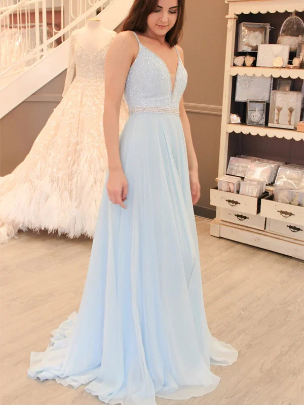 Price Reduction V Neck Beaded Baby Blue Long Prom Dresses, Open Back Beaded Baby Blue Formal Evening Dresses SP2341