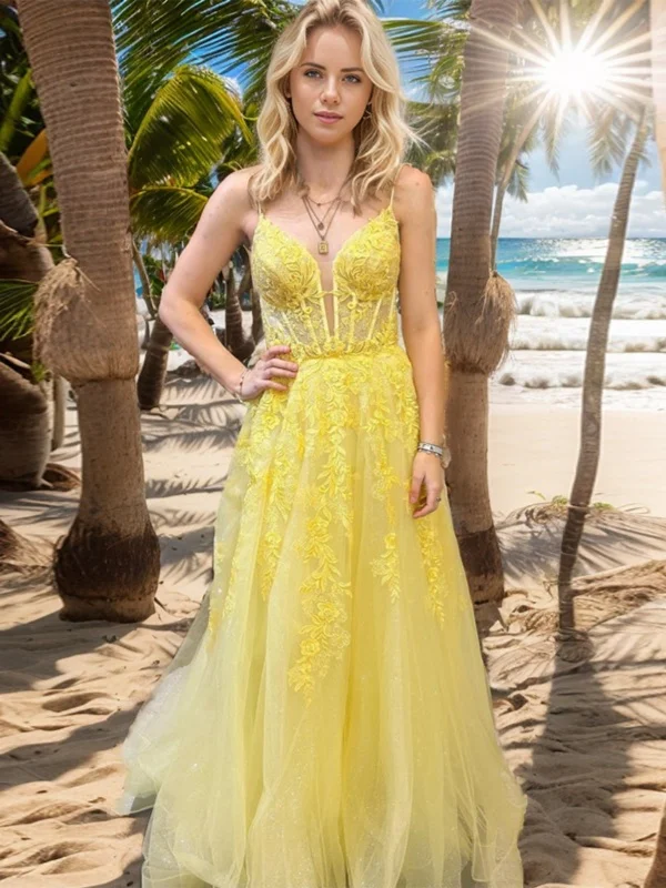 casual summer dresscasual summer dressA Line V Neck Yellow Lace Long Prom Dresses, Yellow Lace Formal Dresses, Yellow Evening Dresses SP2906