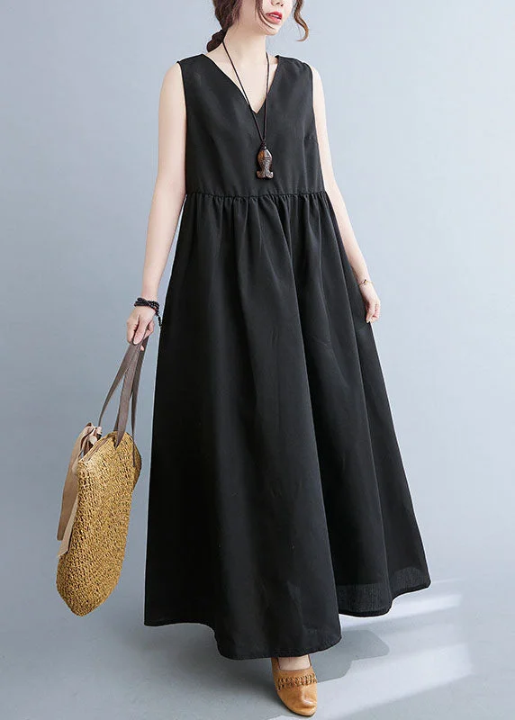 luxury dressluxury dressBlack Patchwork Cotton Summer Dress Wrinkled V Neck Sleeveless