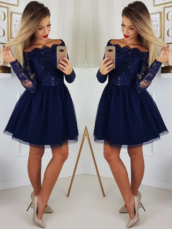 velvet dressvelvet dressA Line Long Sleeves Lace Navy Blue Short Prom Dresses, Navy Blue Lace Homecoming Dresses