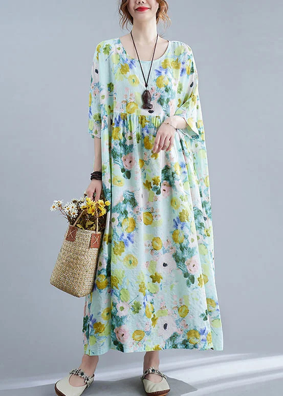 Buy More, Save More Elegant Green Oversized Print Cotton Maxi Dresses Summer