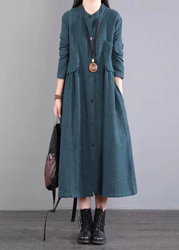 Mega Deal Boutique Green Stand Collar Button Patchwork Cotton Dress Fall