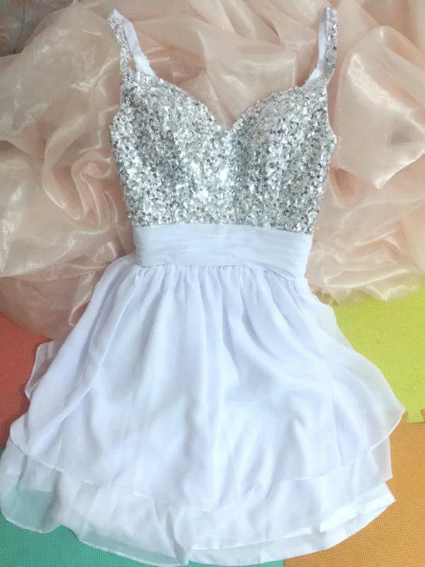 Stock Clearance Beautiful A-Line Spaghetti Straps Mini Chiffon Prom Dress, Homecoming Dress