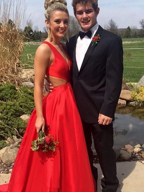 Price Cut Unique V Neck Red Satin Long Prom Dresses, V Neck Red Formal Dresses, Red Evening Dresses
