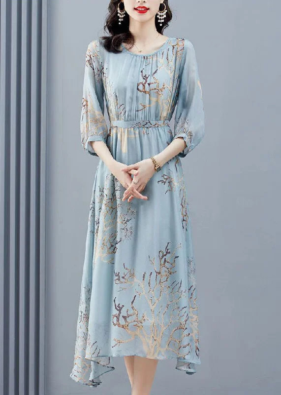 Limited Stock Sky Blue Print Chiffon Beach Dress Cinched Exra Large Hem Half Sleeve