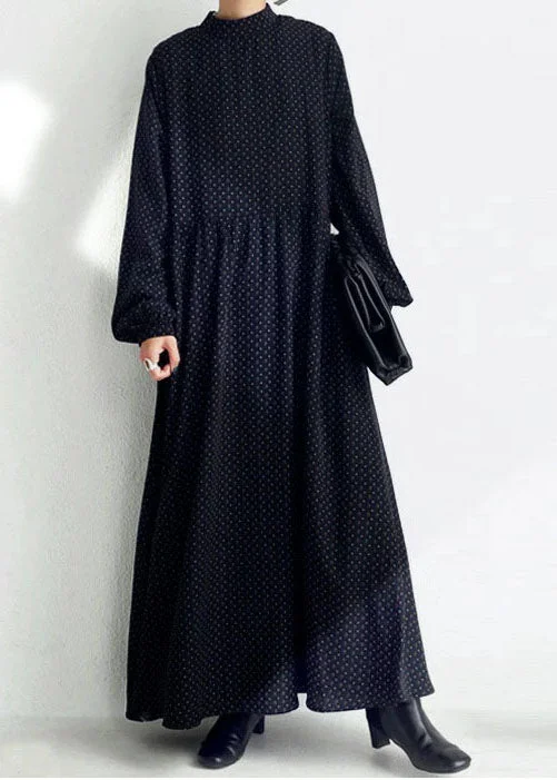 stylish dressstylish dressLoose Black Stand Collar Print Exra Large Hem Chiffon Maxi Dress Spring