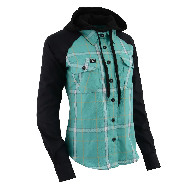 Clearance Items Milwaukee Leather MNG21601 Women's Casual Black and Teal Long Sleeve Cotton Flannel Shirt with Hoodie