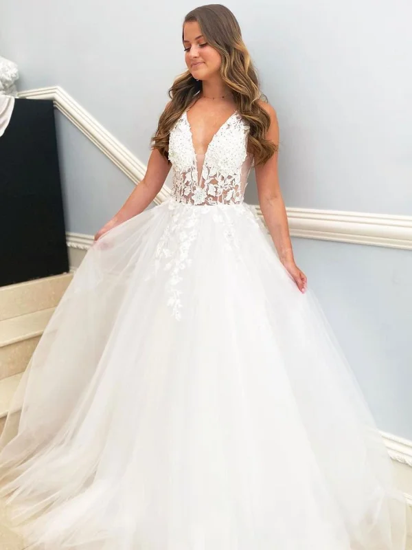 Members Only Deep V Neck White Lace Floral Long Prom Dresses, White Lace Wedding Dresses, White Formal Evening Dresses SP2109 Members Only Deep V Neck White Lace Floral Long Prom Dresses, White Lace Wedding Dresses, White Formal Evening Dresses SP2109
