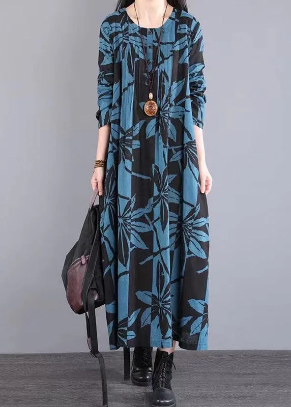 Bonus Savings New Blue O Neck Print Wrinkled Patchwork Cotton Long Dress Fall