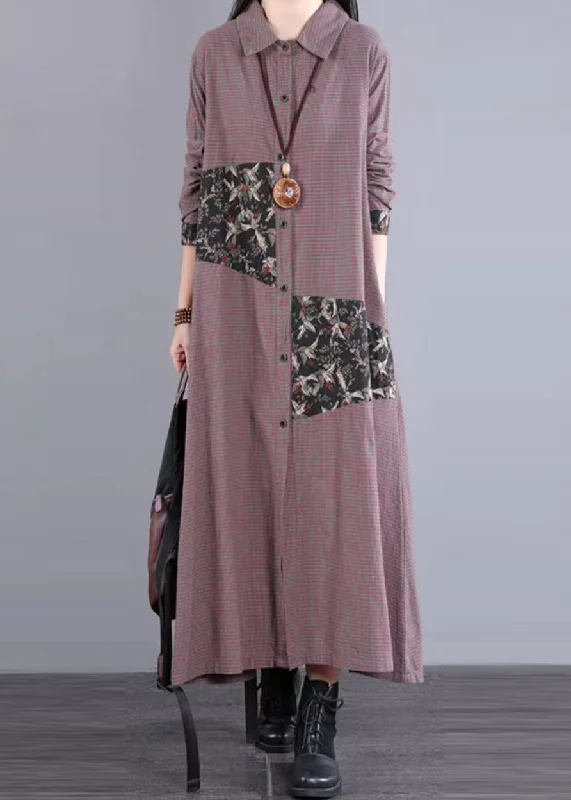 Price Smash Coffee Plaid Pockets Patchwork Cotton Long Dress Peter Pan Collar Fall