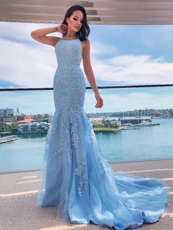 sleeveless dresssleeveless dressMermaid Backless Light Blue Lace Long Prom Dresses, Mermaid Blue Formal Dresses, Light Blue Lace Evening Dresses SP2127