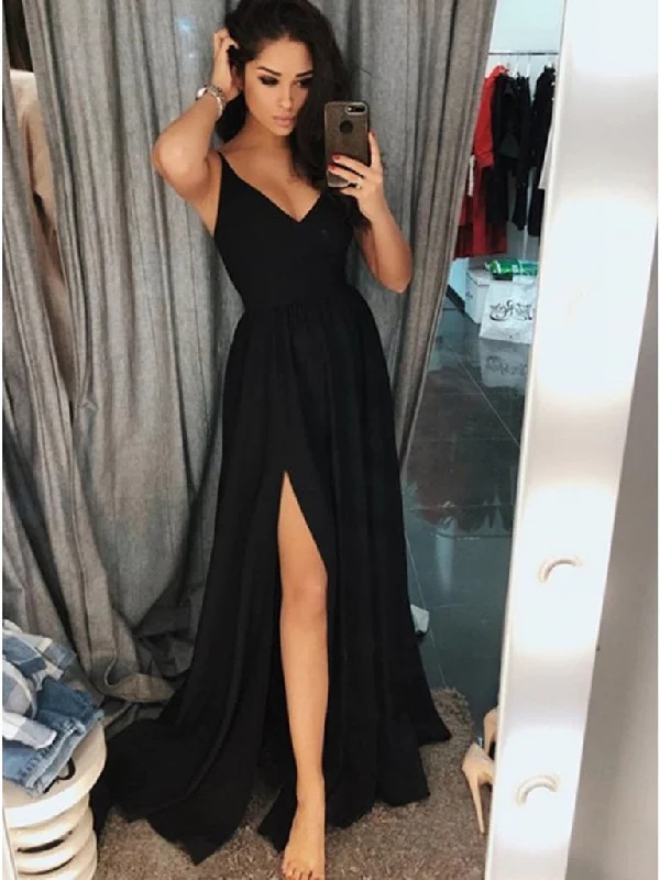 Super Sale A Line V Neck Black Prom Dresses with Side Slit, Black Formal Dresses, Graduation Dresses, Evening Dresses