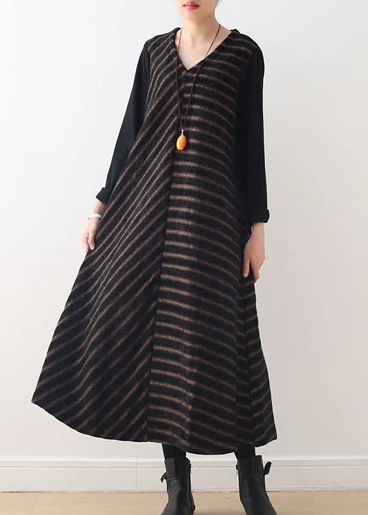 ruffle dressruffle dressSimple Chocolate V Neck Striped Woolen Maxi Dresses Fall