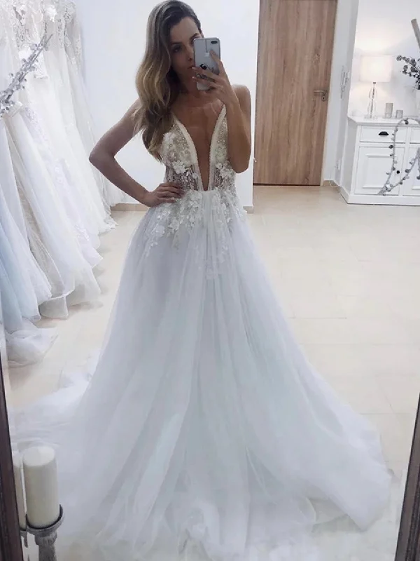 Bargain Blast Deep V Neck Backless White Lace Appliques Long Prom Dresses, White lace Wedding Dresses, White Formal Evening Dresses