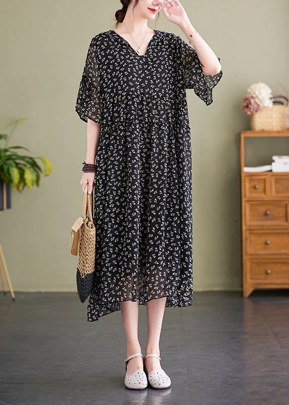 modern dressmodern dressFrench Black V Neck Hooded Print Chiffon Dress Summer