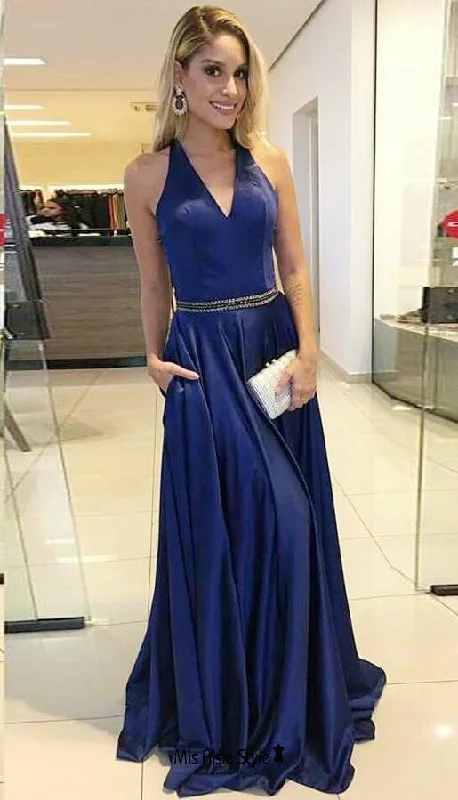 lace-up dresslace-up dressHalter Neckline Navy Blue Prom Dress