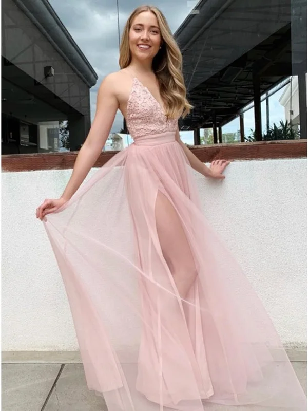 YEAR-End Clearance Elegant A Line V Neck Pink Lace Long Prom Dresses with Slit, Pink Lace Formal Graduation Evening Dresses