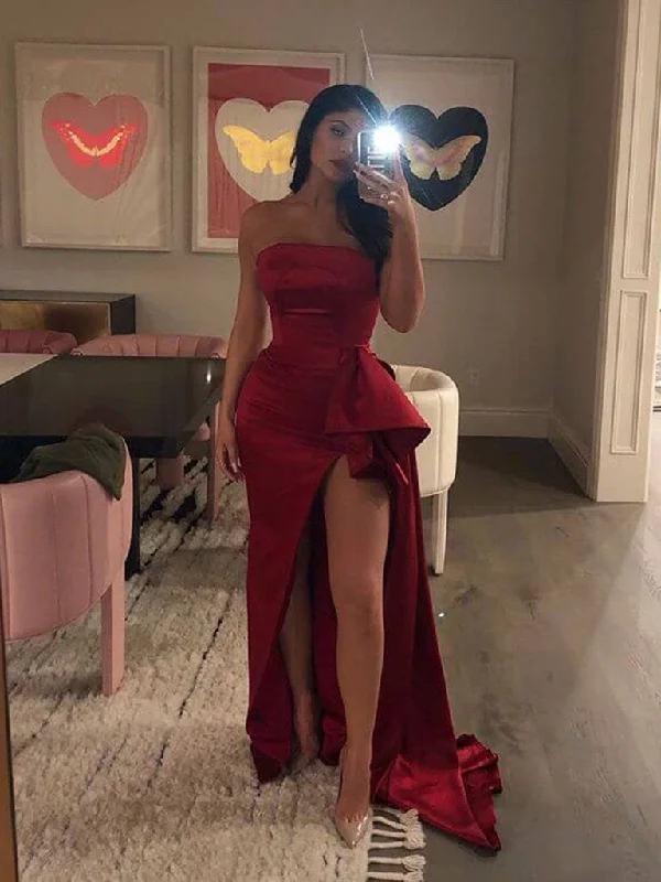 Unmissable Offer Charming Mermaid Burgundy Satin Long Prom Dresses with High Slit, Burgundy Mermaid Evening Dresses, Formal Dresses