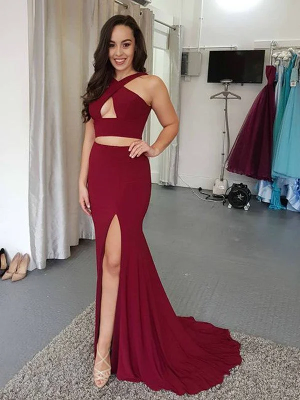 New Deals Two Piece Halter Mermaid Burgundy/Blue Prom Dresses with Side Slit, Mermaid Burgundy/Blue Formal Dresses New Deals Two Piece Halter Mermaid Burgundy/Blue Prom Dresses with Side Slit, Mermaid Burgundy/Blue Formal Dresses