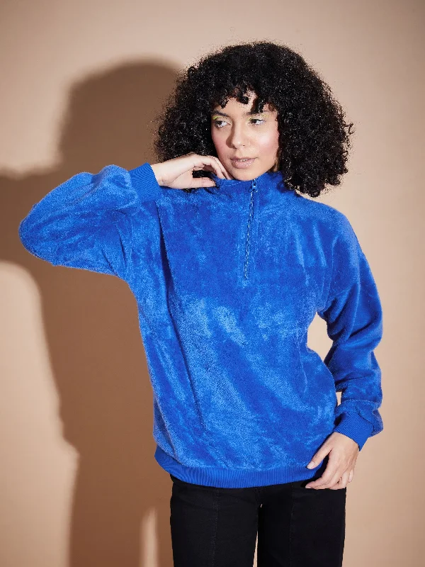 Super Bargain Women Royal Blue Front Zipper High Neck Sweatshirt