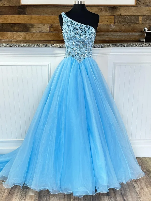 Special Price Gorgeous One Shoulder Beaded Blue Long Prom Dresses, Beaded Blue Formal Evening Dresses, Ball Gown SP2548