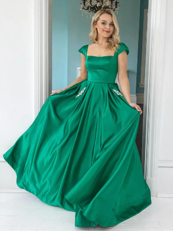 Steals and Deals Cap Sleeves Green Satin Long Prom Dresses with Pocket, Green Formal Graduation Evening Dresses Steals and Deals Cap Sleeves Green Satin Long Prom Dresses with Pocket, Green Formal Graduation Evening Dresses