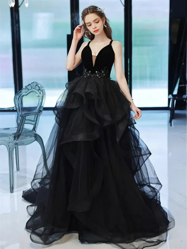 Stock Up and Save Elegant V Neck Open Back Black Tulle Long Prom Dresses, Long Black Formal Graduation Evening Dresses SP2543